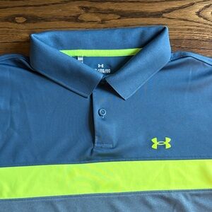 Under Armour Men's Polo Shirt in Blue with Neon Yellow Stripe